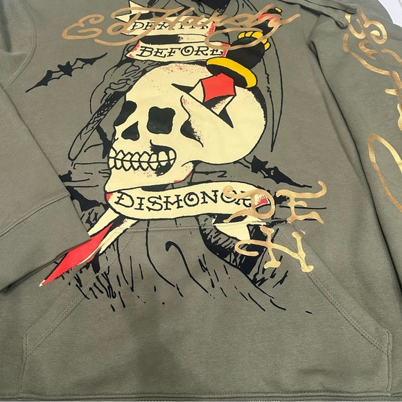 Ed Hardy Men’s Fleece Hoodie Green Skull Death Before Dishonor Size L NWT - Picture 5 of 5